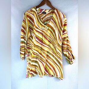 Soya M Boho 70s Linen Colorful Striped Tunic Top in Earthtones